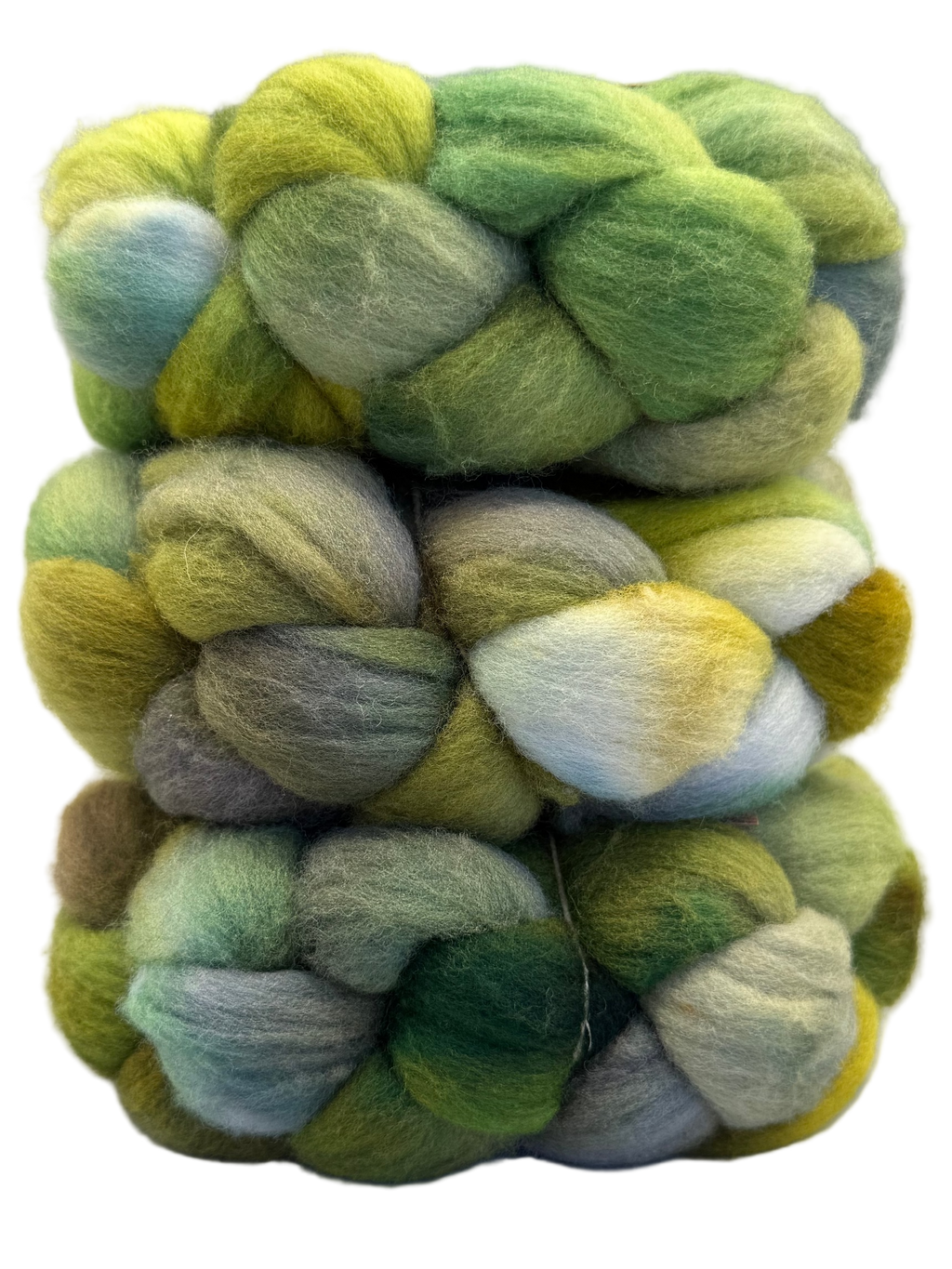 Braided skein of multicolored fiber in greens and brown tones